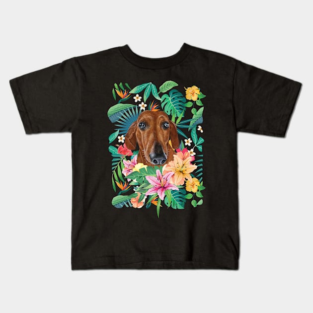 Tropical Brown Dachshund Doxie 1 Kids T-Shirt by LulululuPainting